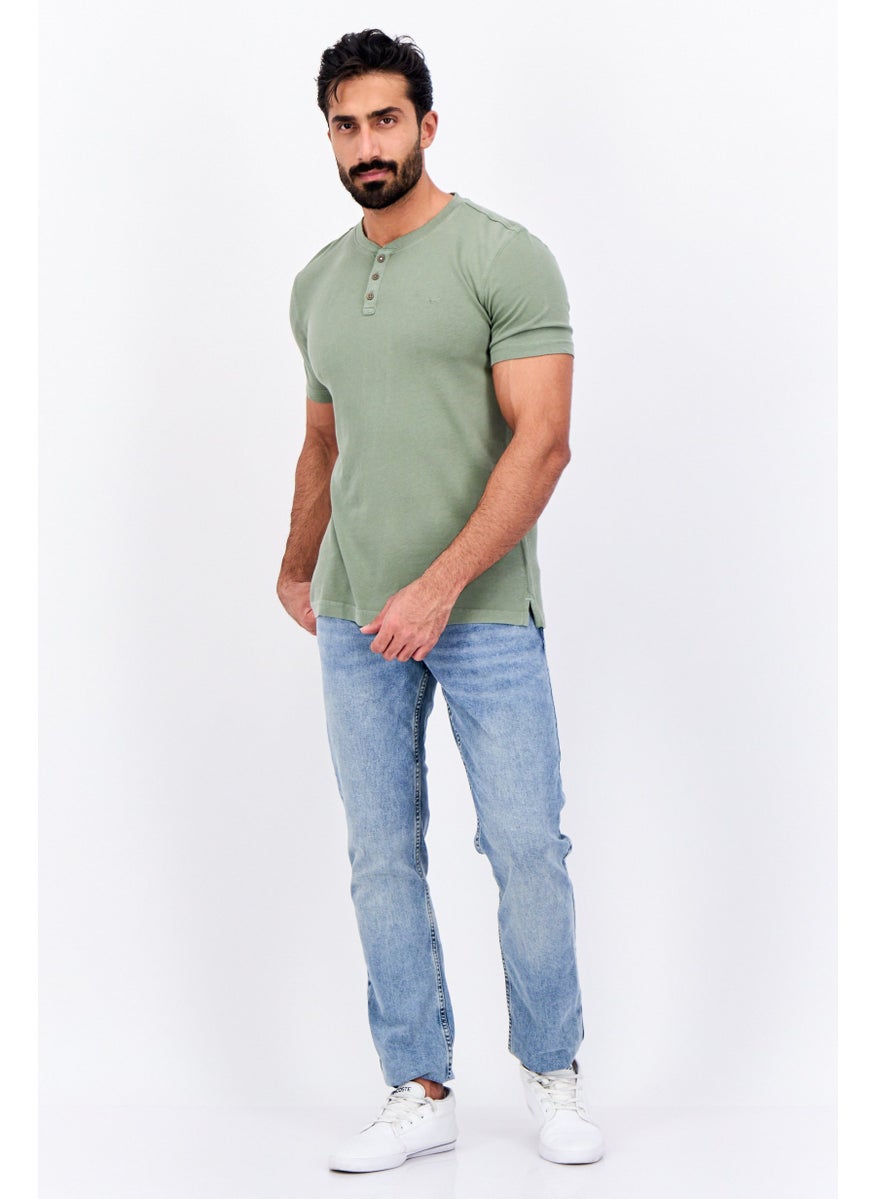MUSTANG Men V Neck Long Sleeve Embroidered T-Shirt, Green  - Image 4