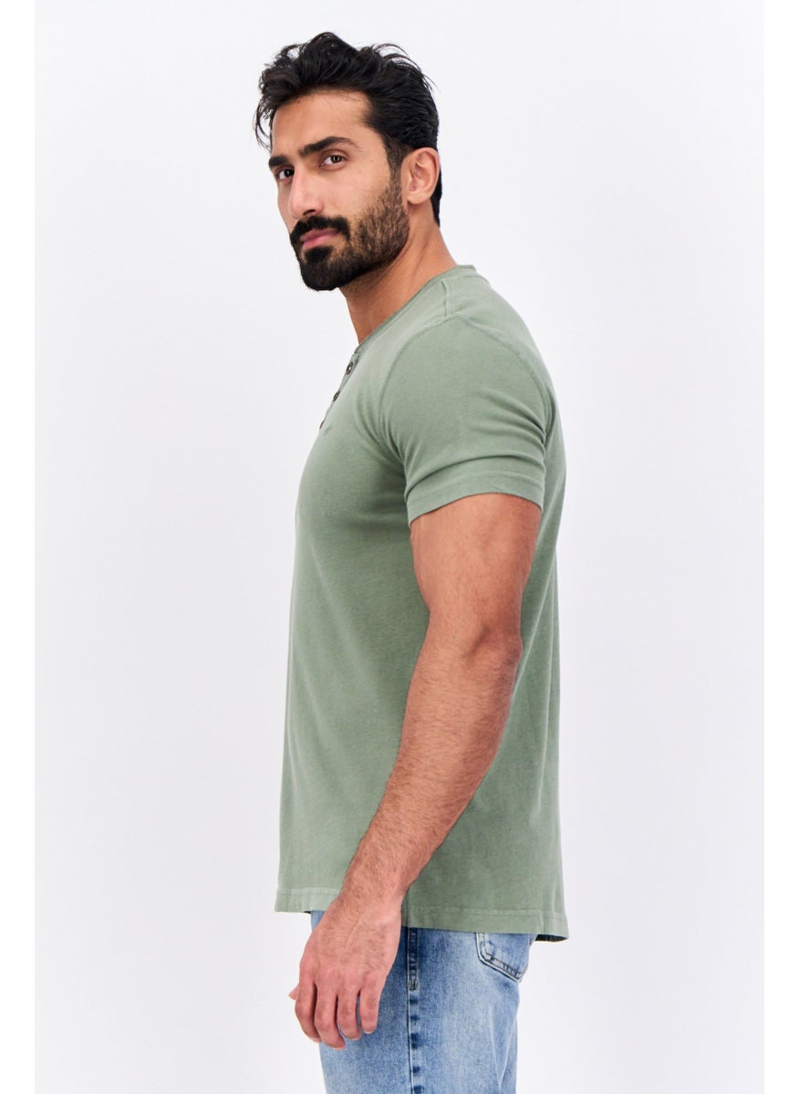 MUSTANG Men V Neck Long Sleeve Embroidered T-Shirt, Green  - Image 2