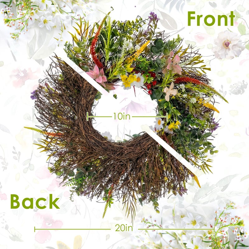 Culudea Daisy Wreaths for Front Door Decor, 20" Artificial Chrysanthemum Wildflower Wreath Decorations for Spring Summer Home Door Window Outside Wall Indoor Outdoor Porch and Birthday Wedding Party - Image 2