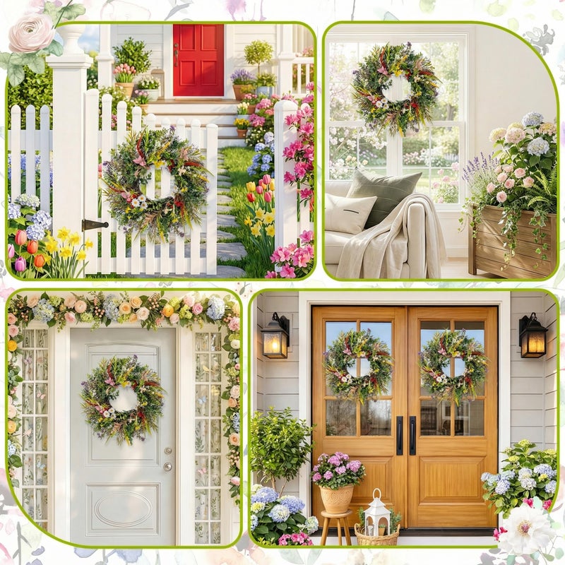 Culudea Daisy Wreaths for Front Door Decor, 20" Artificial Chrysanthemum Wildflower Wreath Decorations for Spring Summer Home Door Window Outside Wall Indoor Outdoor Porch and Birthday Wedding Party - Image 5