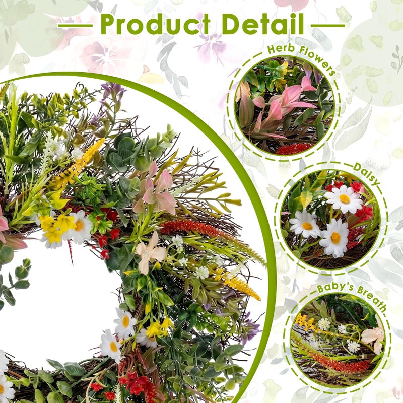 Culudea Daisy Wreaths for Front Door Decor, 20" Artificial Chrysanthemum Wildflower Wreath Decorations for Spring Summer Home Door Window Outside Wall Indoor Outdoor Porch and Birthday Wedding Party - Image 4