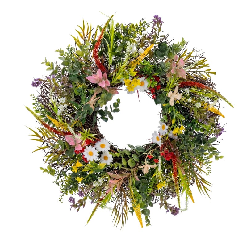 Culudea Daisy Wreaths for Front Door Decor, 20" Artificial Chrysanthemum Wildflower Wreath Decorations for Spring Summer Home Door Window Outside Wall Indoor Outdoor Porch and Birthday Wedding Party - Image 1