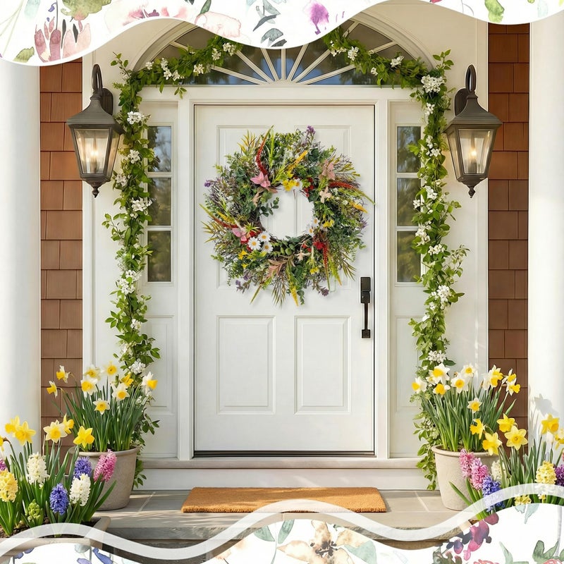Culudea Daisy Wreaths for Front Door Decor, 20" Artificial Chrysanthemum Wildflower Wreath Decorations for Spring Summer Home Door Window Outside Wall Indoor Outdoor Porch and Birthday Wedding Party - Image 3