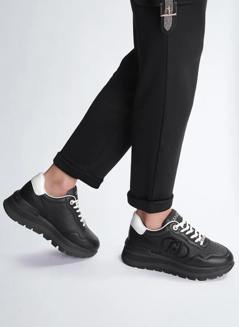 Liu Jo Black leather sneakers with bejewelled logo