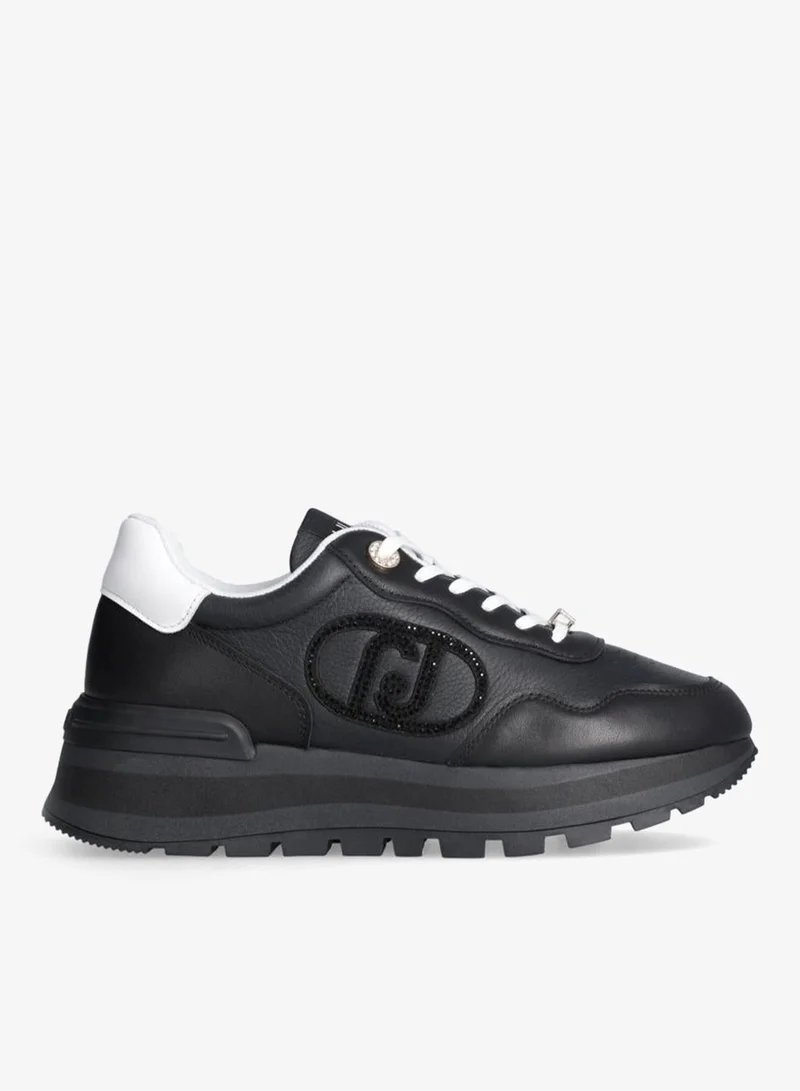 Liu Jo Black leather sneakers with bejewelled logo