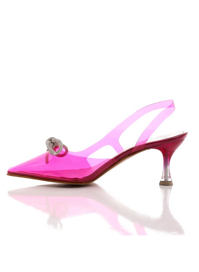 Mr.joe - Pointed Toecap Transparent Heeled Slingback Sandal With Decorated Bow - Hot Pink - Image 1