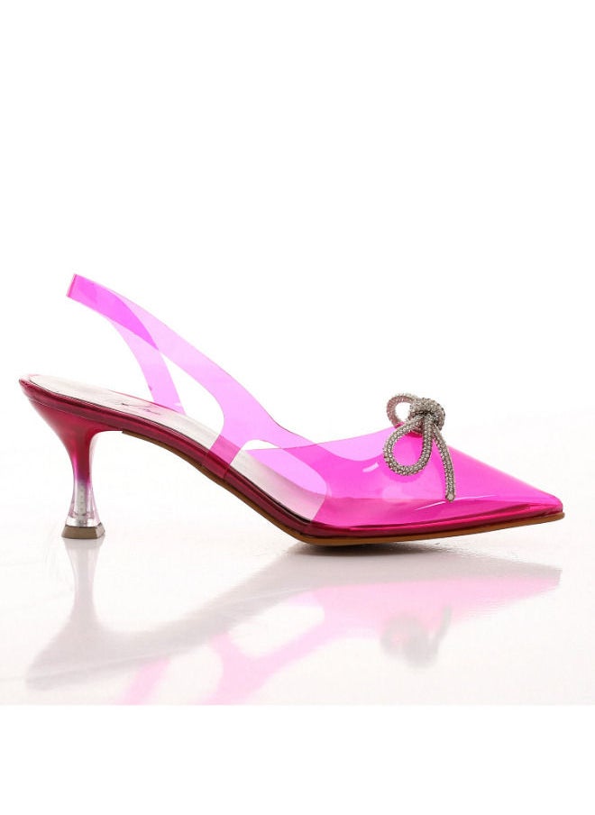 Mr.joe - Pointed Toecap Transparent Heeled Slingback Sandal With Decorated Bow - Hot Pink - Image 1