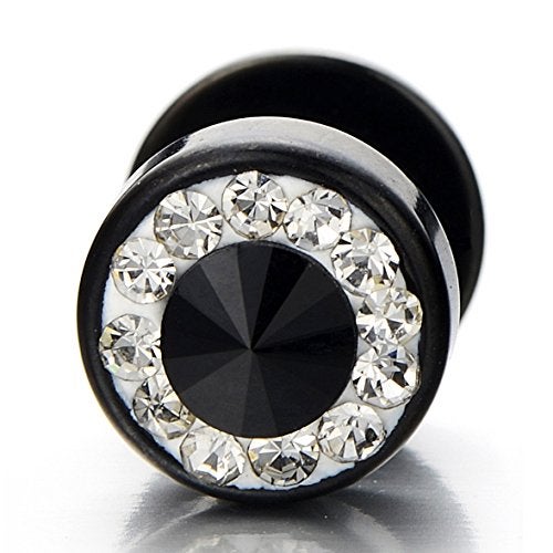 COOLSTEELANDBEYOND 10mm Mens Black Stud Earrings Stainless Steel Illusion Tunnel Plug Screw Back with Cubic Zirconia, 2pcs - Image 2