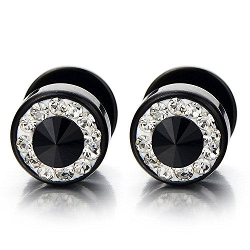 COOLSTEELANDBEYOND 10mm Mens Black Stud Earrings Stainless Steel Illusion Tunnel Plug Screw Back with Cubic Zirconia, 2pcs - Image 1
