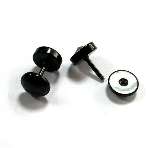 COOLSTEELANDBEYOND 10mm Mens Black Stud Earrings Stainless Steel Illusion Tunnel Plug Screw Back with Cubic Zirconia, 2pcs - Image 3