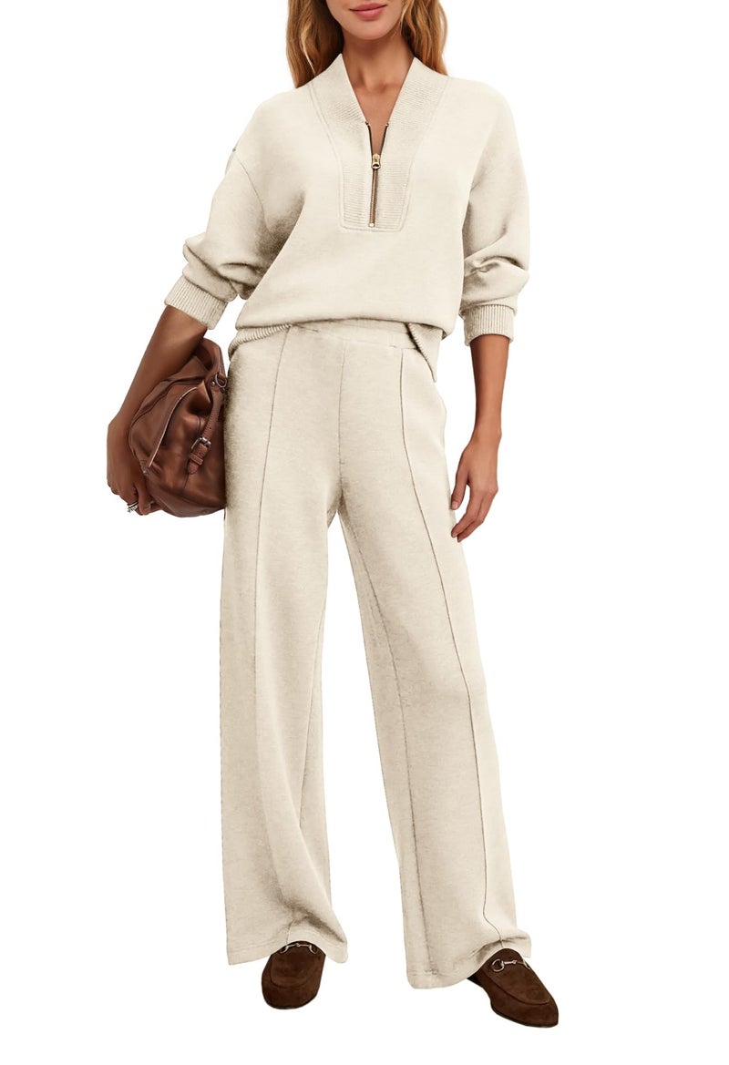 Yanekop Womens Sweatsuits 2 Piece Outfit Two Piece Lounge Set Matching Sweat Sets Half Zip Pullover and Wide Leg Pants(Beige,XL) - Image 2