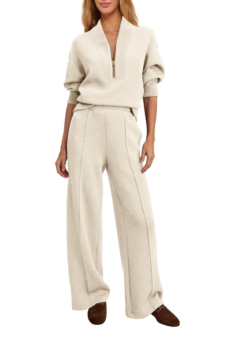 Yanekop Womens Sweatsuits 2 Piece Outfit Two Piece Lounge Set Matching Sweat Sets Half Zip Pullover and Wide Leg Pants(Beige,XL) - Image 1
