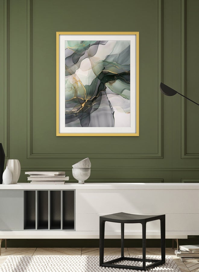 Art Decor Art Decor Dark Green and Grey Water Color Ink Style Abstract Art with Gold Accents Wall Art with Matboard Framed Fine Art Wall Décor for Living Room Bedroom Dining Room Office Gifting - Image 1