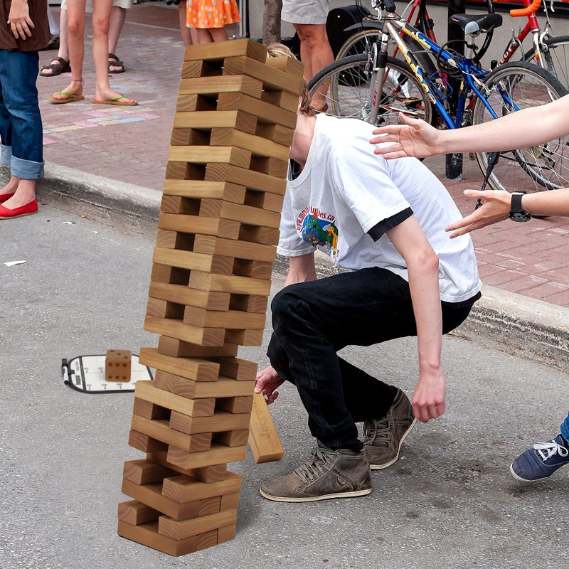 Juegoal 54 Pieces Giant Tumble Tower Blocks Game Giant Wood Stacking Game with 1 Dice Set, Gameboard, Canvas Bag for Adult, Kids, Family, Brown - Image 4