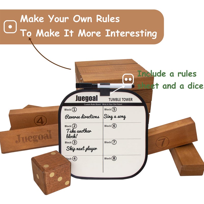 Juegoal 54 Pieces Giant Tumble Tower Blocks Game Giant Wood Stacking Game with 1 Dice Set, Gameboard, Canvas Bag for Adult, Kids, Family, Brown - Image 3