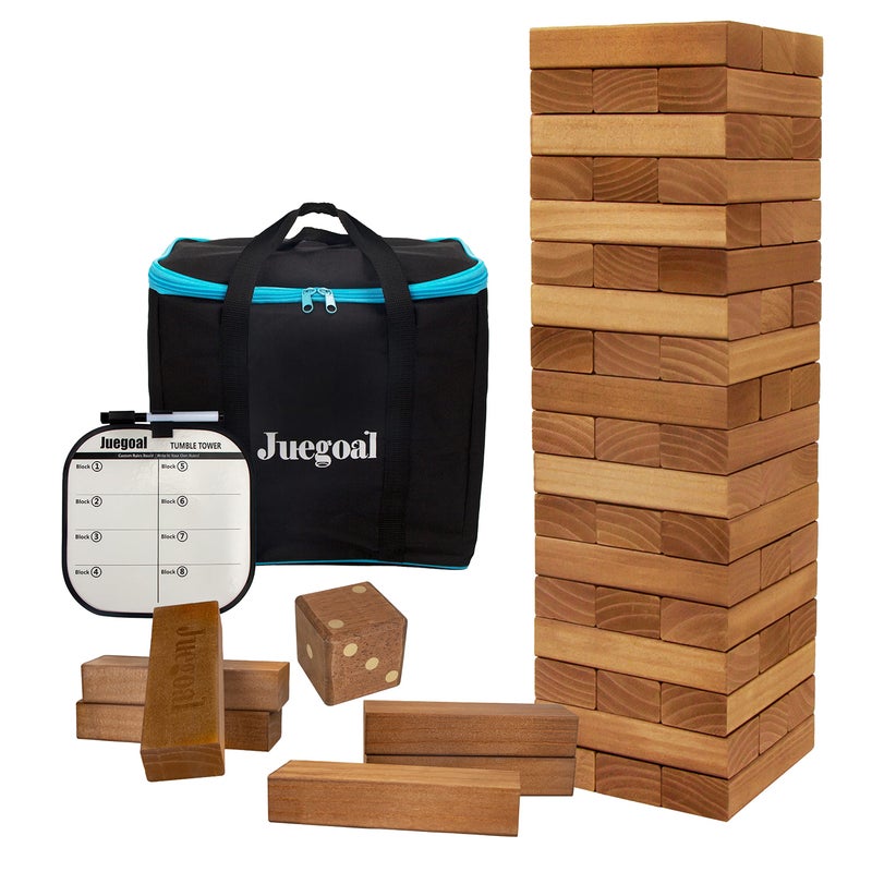 Juegoal 54 Pieces Giant Tumble Tower Blocks Game Giant Wood Stacking Game with 1 Dice Set, Gameboard, Canvas Bag for Adult, Kids, Family, Brown - Image 1