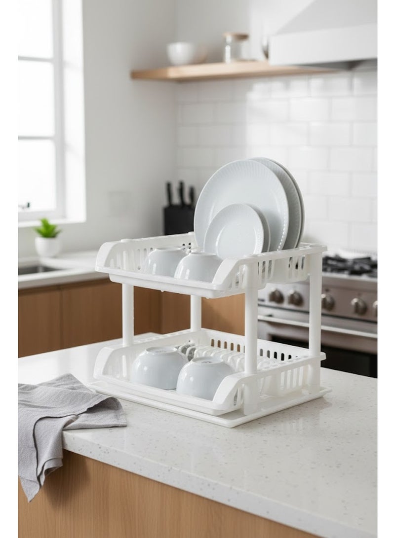 Black and white two-tier dish rack with dish drying tray, 46*38*35 cm - Image 1