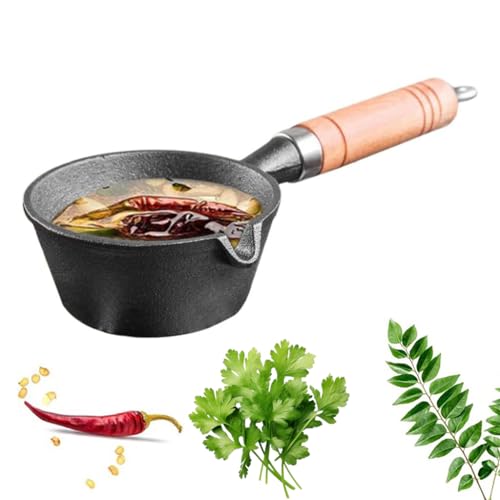 Supvox Cast Iron Mini Non Stick Tadka Pan with Wooden Handle, 1 Pc Butter Warme Iron Oil Heating Pot Cookware Melting Pot for Oil Heating, Melting Butter, Chocolate & Warm Milk, 1 Liters - Image 1