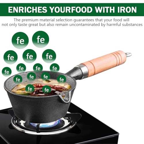 Supvox Cast Iron Mini Non Stick Tadka Pan with Wooden Handle, 1 Pc Butter Warme Iron Oil Heating Pot Cookware Melting Pot for Oil Heating, Melting Butter, Chocolate & Warm Milk, 1 Liters - Image 3