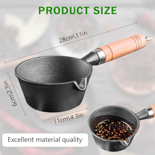 Supvox Cast Iron Mini Non Stick Tadka Pan with Wooden Handle, 1 Pc Butter Warme Iron Oil Heating Pot Cookware Melting Pot for Oil Heating, Melting Butter, Chocolate & Warm Milk, 1 Liters - Image 2