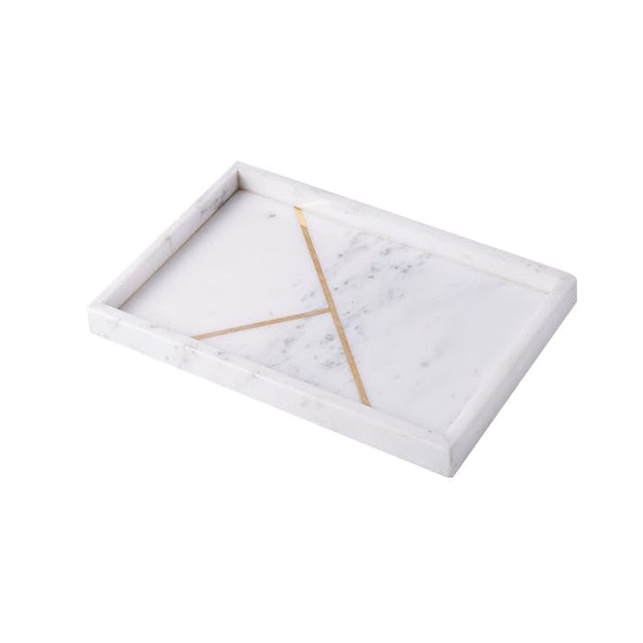 DECORAGE Rectangular Marble Tray with Gold Stripe, Sturdy Storage Tray, Bathroom Vanity Countertop Organizer for Perfume Candle Holders (White) - Image 2