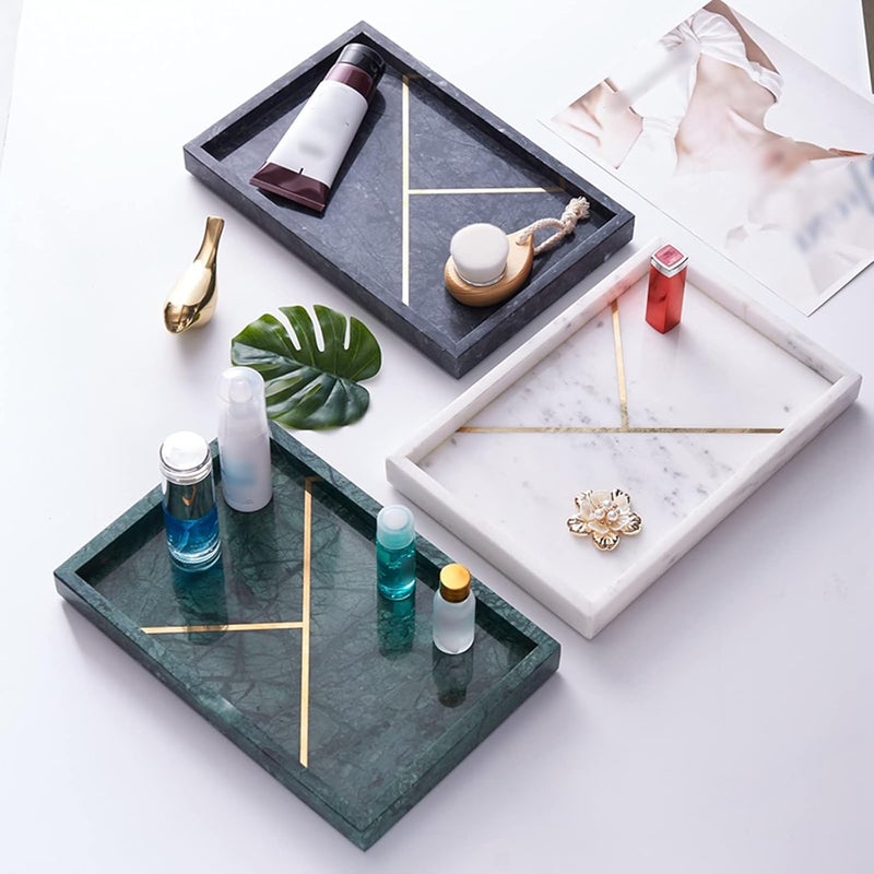DECORAGE Rectangular Marble Tray with Gold Stripe, Sturdy Storage Tray, Bathroom Vanity Countertop Organizer for Perfume Candle Holders (White) - Image 4