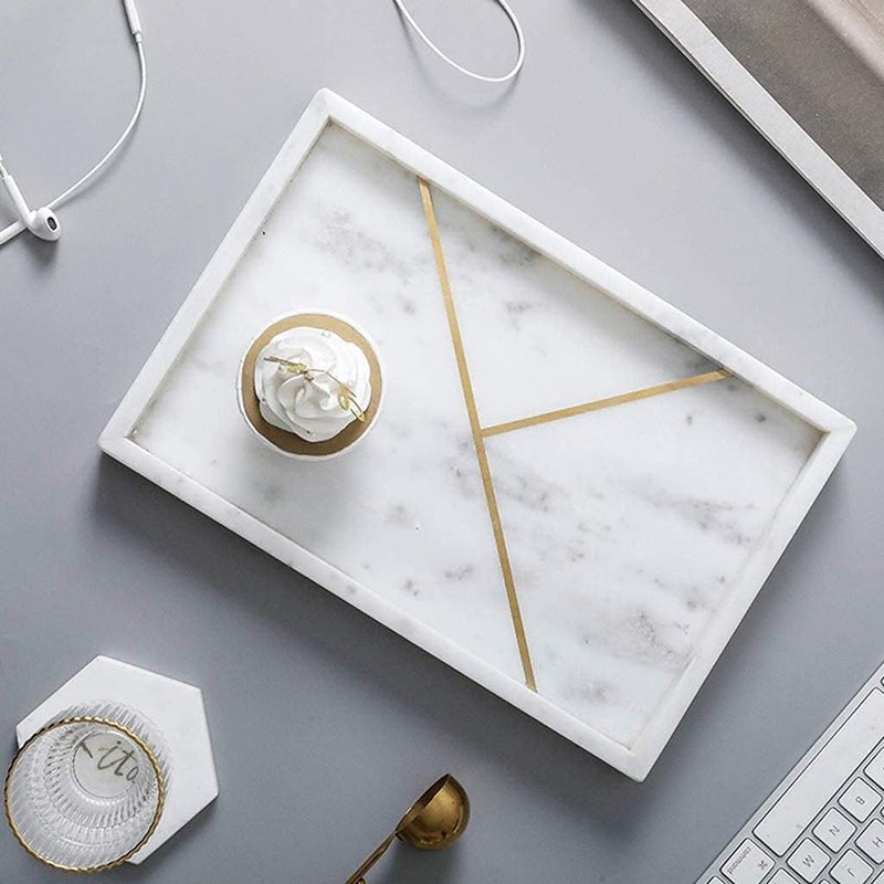 DECORAGE Rectangular Marble Tray with Gold Stripe, Sturdy Storage Tray, Bathroom Vanity Countertop Organizer for Perfume Candle Holders (White) - Image 1