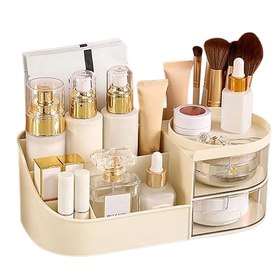 Lamok plastic Makeup Organizer|Makeup Box For Storage|Make Up, Cosmetic, Skincare Organiser For Women|Elegant Makeup Vanity With Transparent Drawer (cream), Cosmetics - Image 1