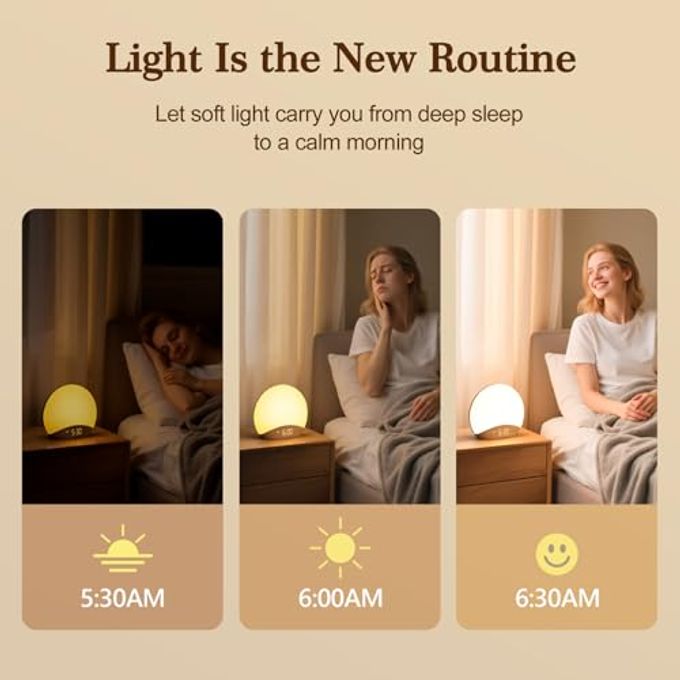 REACHER Wood Grain Sunrise Alarm Clock and Sound Machine Nightlight, Digital Dimmable Clock for Bedroom, 26 Sleep Sounds, White Noise Machine for Baby, Adults, Wake Up Light Alarm Clock for Kids - Image 2