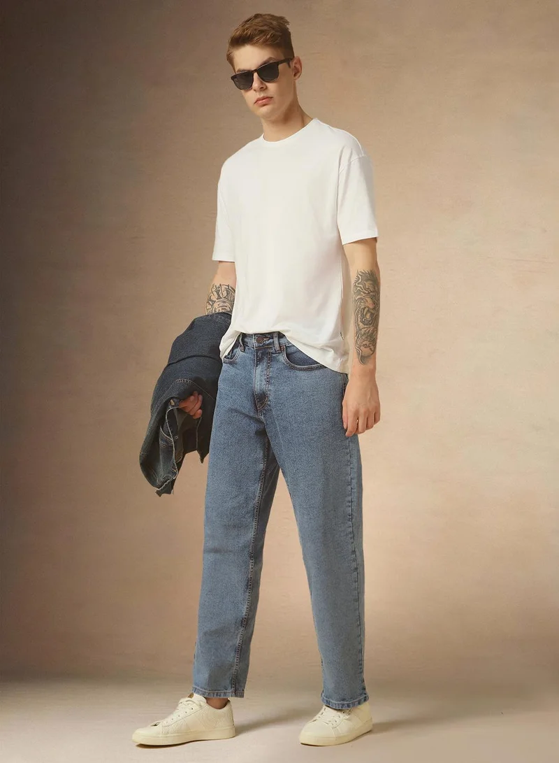 Dennis Lingo Men's Light Blue Cotton Blend Washed Full Length Loose Jeans