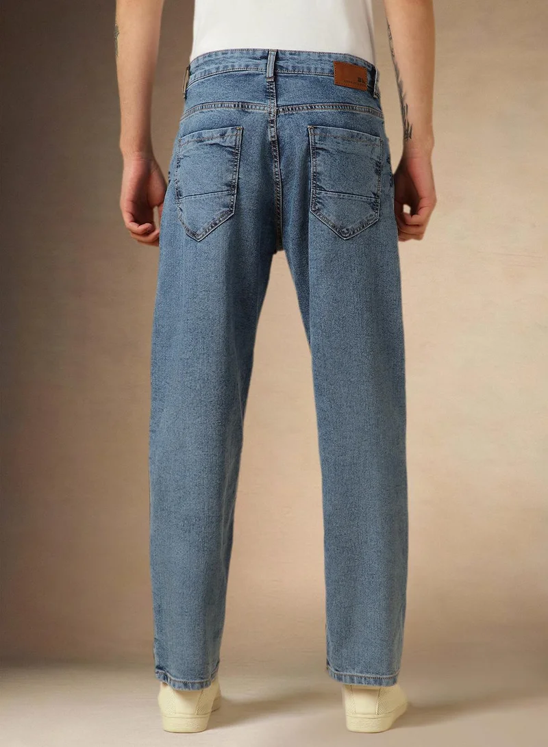 Dennis Lingo Men's Light Blue Cotton Blend Washed Full Length Loose Jeans