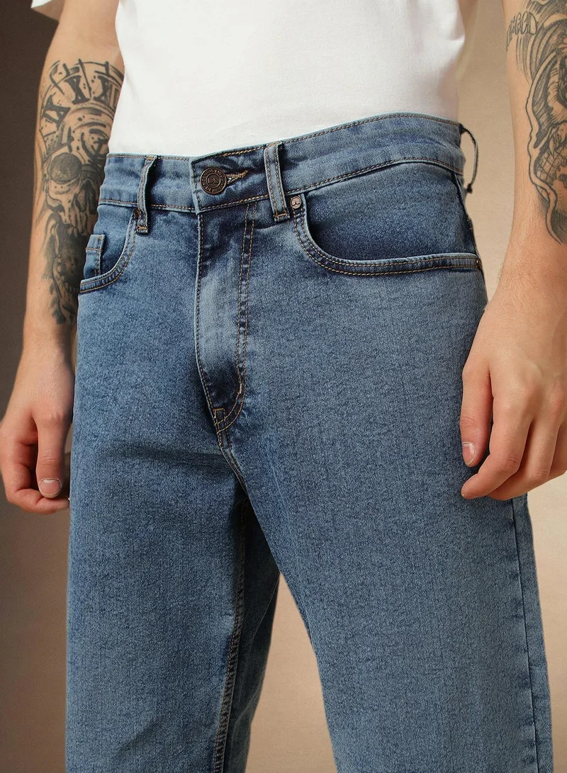 Dennis Lingo Men's Light Blue Cotton Blend Washed Full Length Loose Jeans