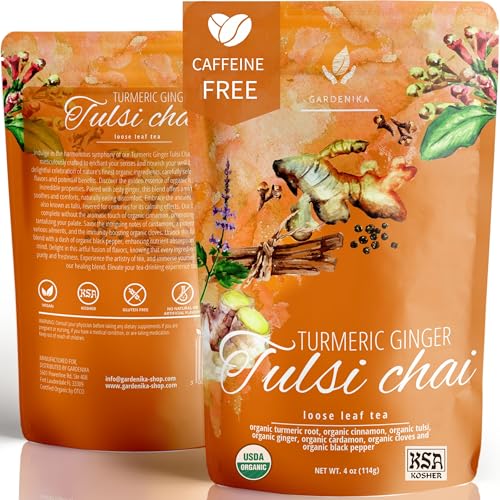 Gardenika Organic Turmeric Ginger Tulsi Chai Tea | Loose Leaf | Ayurvedic Superfood Blend | Herbal and Caffeine-Free | 55+ Cups | KSA Kosher | 4 oz - Image 1