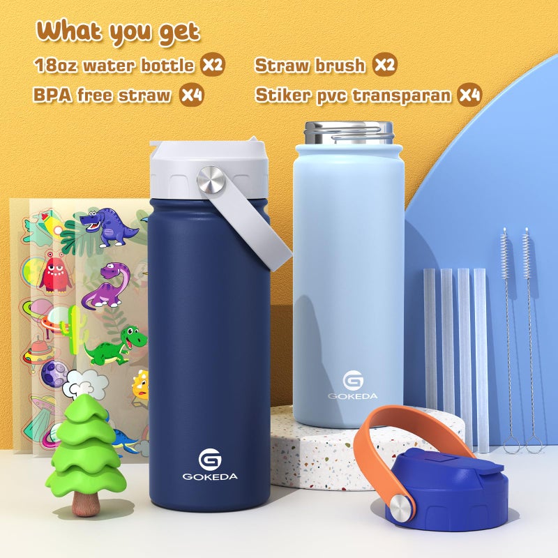 GoKEDA 18oz Kids Water Bottle, 2 Pack Insulated Bottles with Stickers, 18/8 Stainless Steel Vacuum Leak Proof Straw Cup for School, Gifts for Boys(Light Blue, Dark Blue) - Image 2