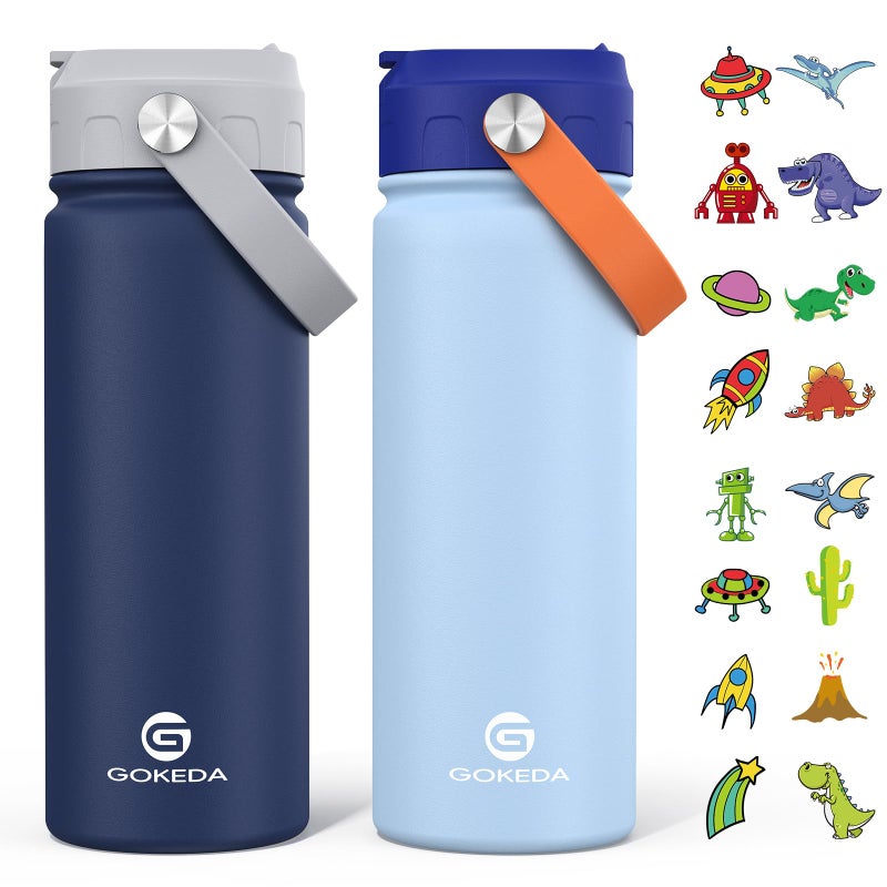 GoKEDA 18oz Kids Water Bottle, 2 Pack Insulated Bottles with Stickers, 18/8 Stainless Steel Vacuum Leak Proof Straw Cup for School, Gifts for Boys(Light Blue, Dark Blue) - Image 1