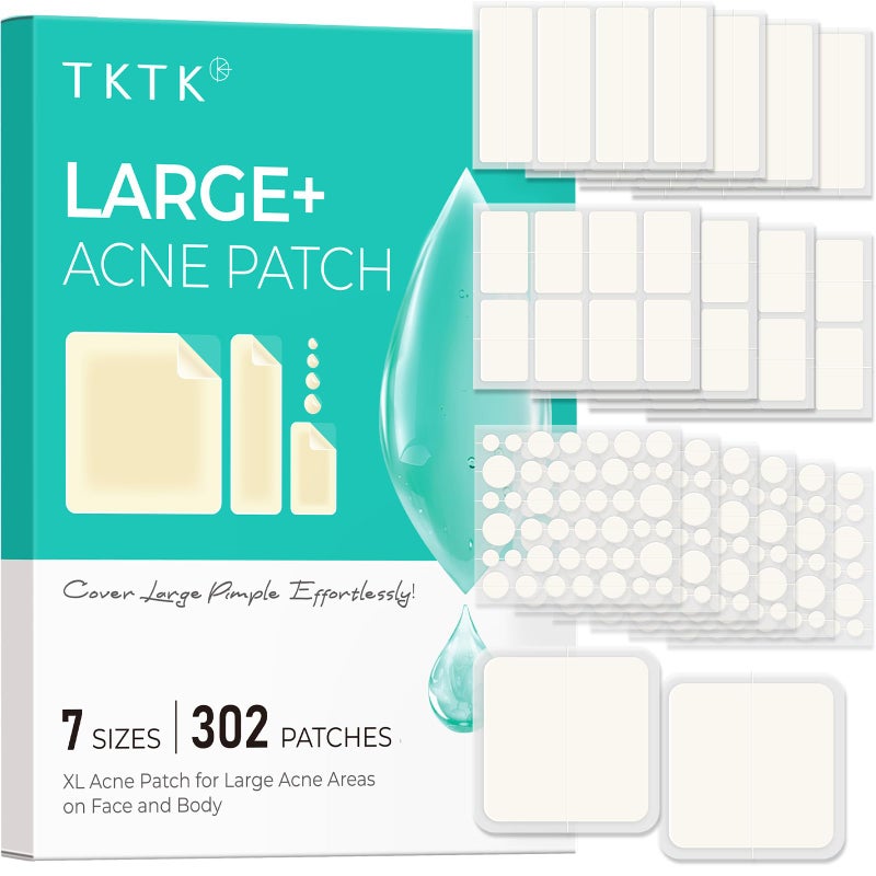 TKTK Large Pimple Patches for Face, 7 Sizes XL Acne Patches, Big Hydrocolloid Bandages for Body, Chin, Forehead, Chest, Back Zit Breakouts, Hydrocolloid Patch (Strip, Square, Dot 302 Count) - Image 3
