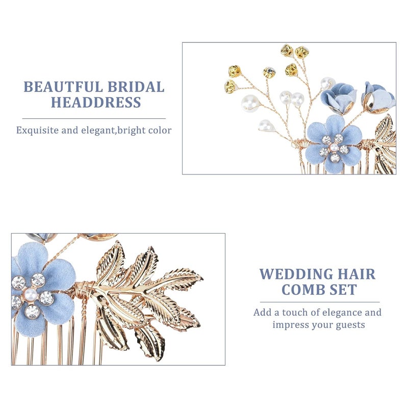BOWINR 5 Pack Wedding Hair Piece Bridal Hair Comb, Blue Flower Rhinestone Hair Accessories Handmade Pearl Crystal Floral Leaf Hair Clip for Women Girls Bride Bridesmaids Prom Wedding Party - Image 5