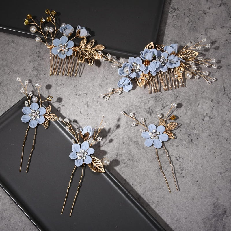 BOWINR 5 Pack Wedding Hair Piece Bridal Hair Comb, Blue Flower Rhinestone Hair Accessories Handmade Pearl Crystal Floral Leaf Hair Clip for Women Girls Bride Bridesmaids Prom Wedding Party - Image 4