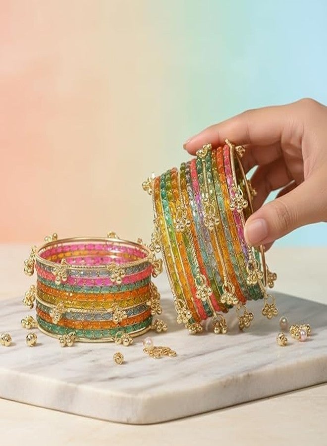 BANGLESKART Kashmiri Ghangharoo Glass Bangle Set for Women Light Weight Bangles Traditional Transparent Fancy Glass Chudi Set for Wedding, Party(Set Of 18) Light Multi - Image 3