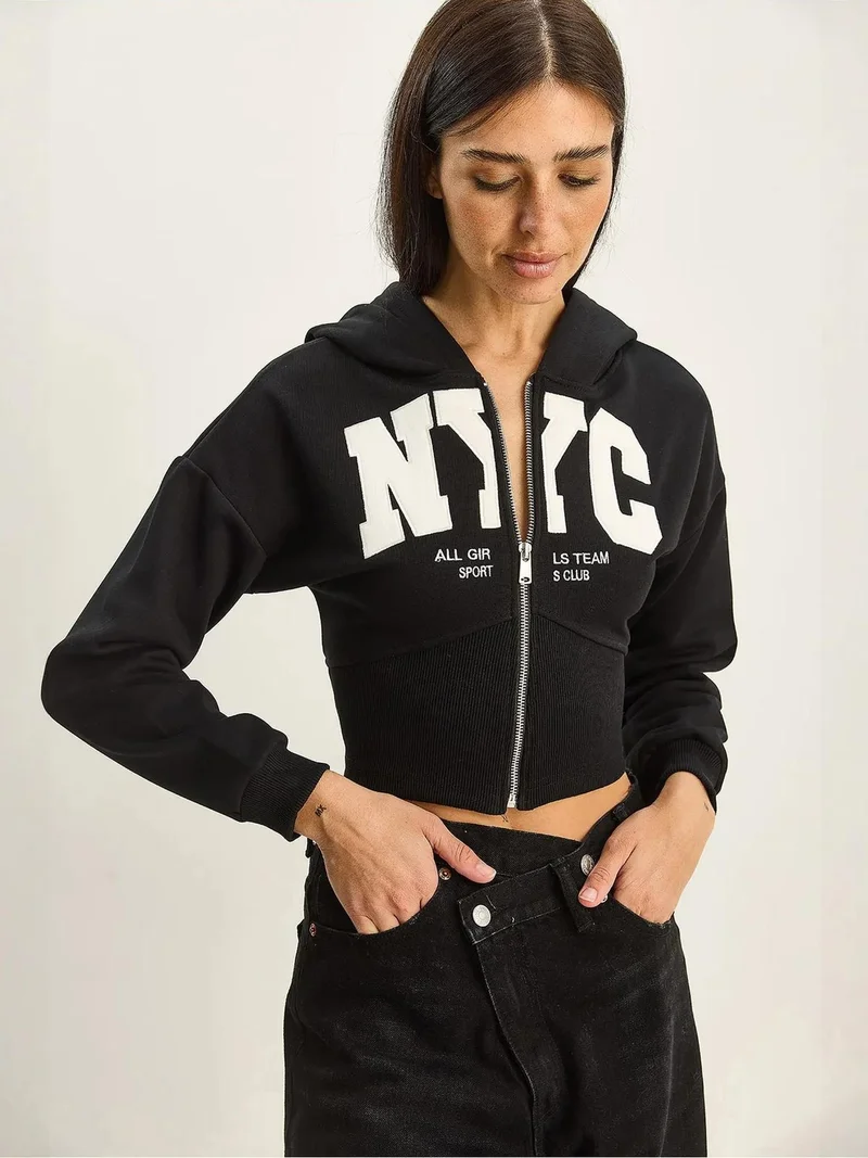 Bianco Lucci LUCCI Hooded Printed Slim Fit Crop Cardigan