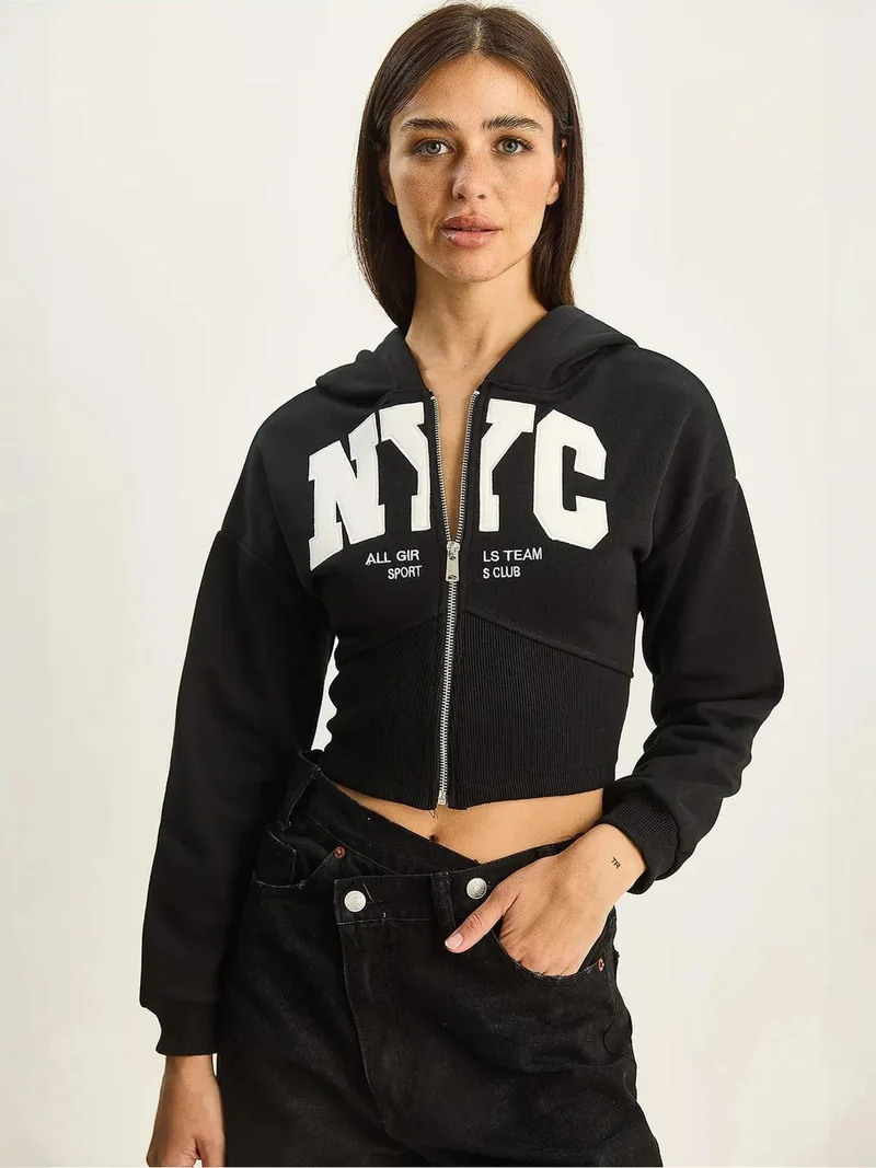 Bianco Lucci Black LUCCI Hooded Printed Slim Fit Crop Cardigan for Women | Best Price UAE