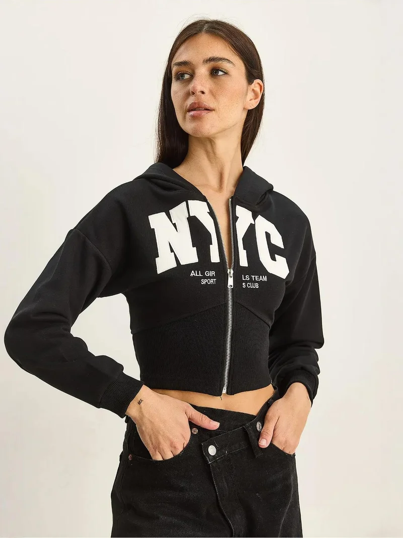 Bianco Lucci Black LUCCI Hooded Printed Slim Fit Crop Cardigan for Women | Best Price UAE