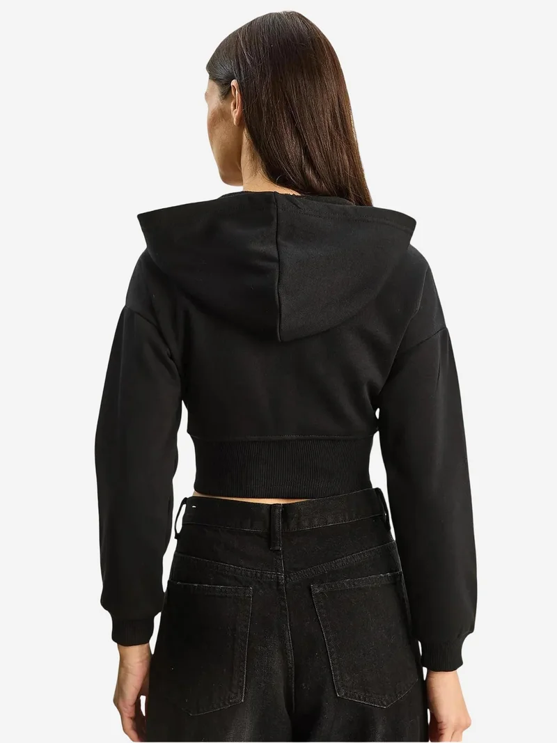 Bianco Lucci Black LUCCI Hooded Printed Slim Fit Crop Cardigan for Women | Best Price UAE