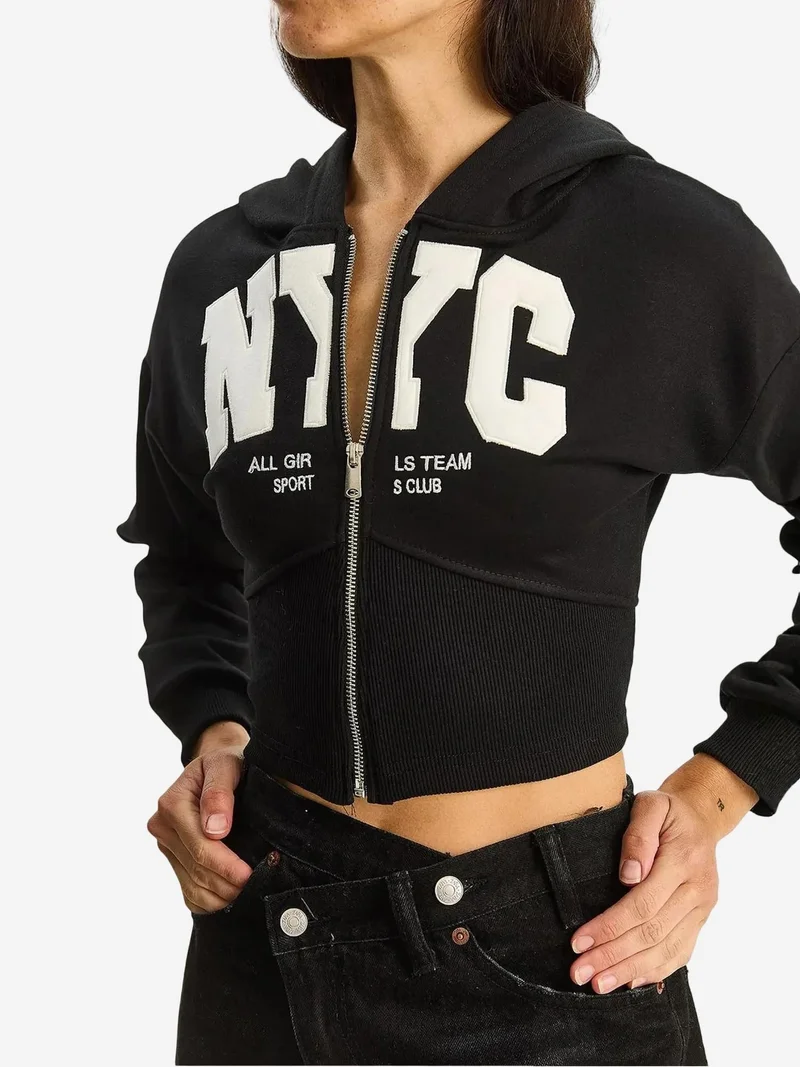 Bianco Lucci Black LUCCI Hooded Printed Slim Fit Crop Cardigan for Women | Best Price UAE