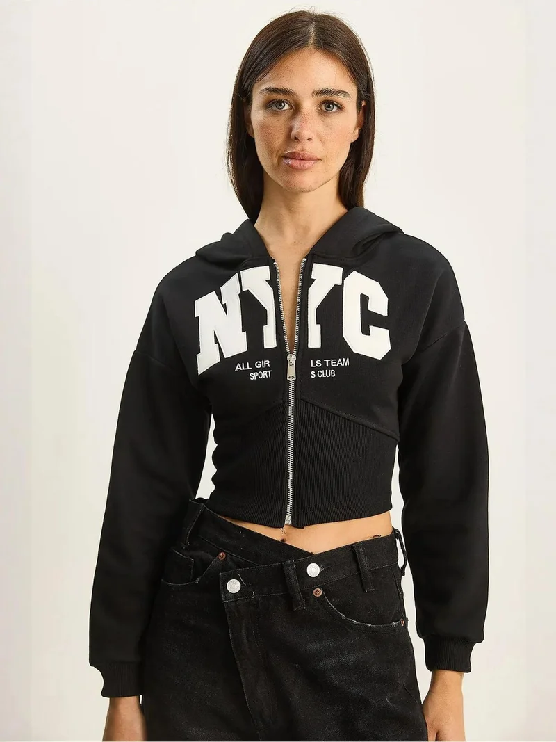 Bianco Lucci Black LUCCI Hooded Printed Slim Fit Crop Cardigan for Women | Best Price UAE