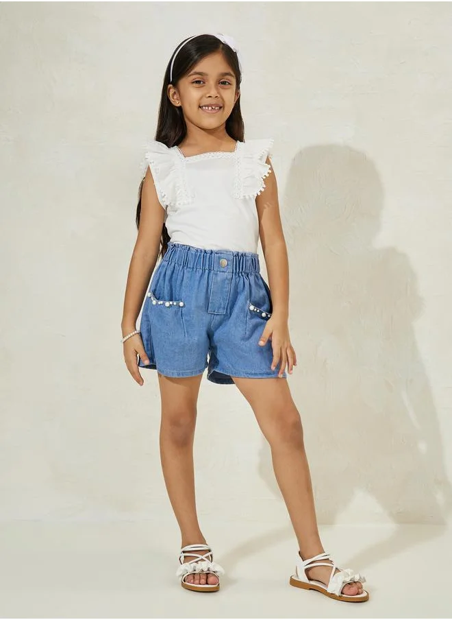 ستايلي Solid Denim Shorts with Pearl Embellishment