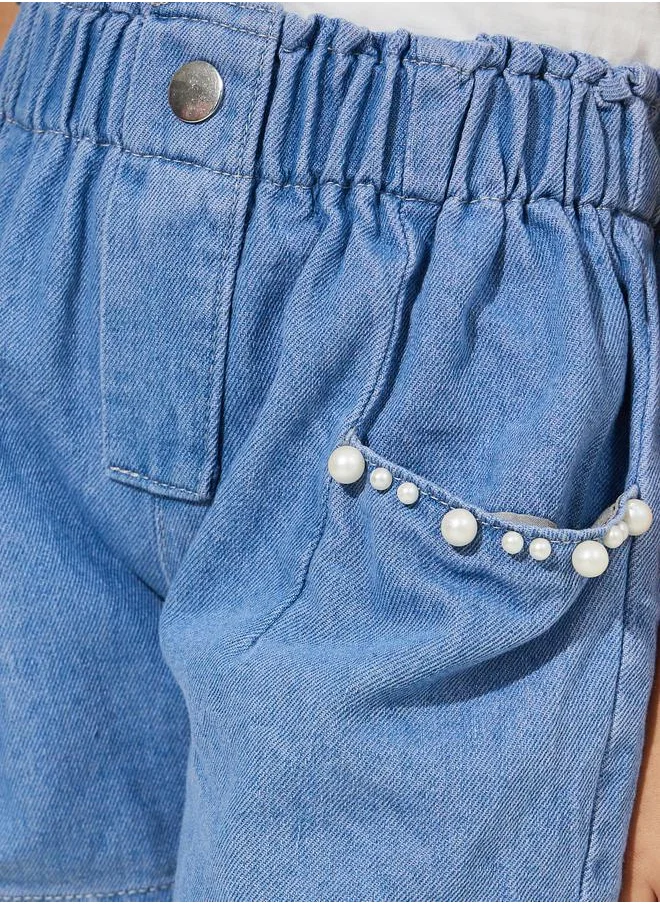 ستايلي Solid Denim Shorts with Pearl Embellishment
