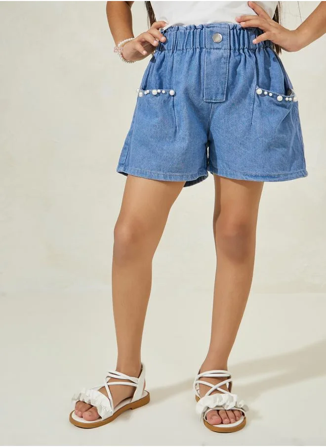 ستايلي Solid Denim Shorts with Pearl Embellishment