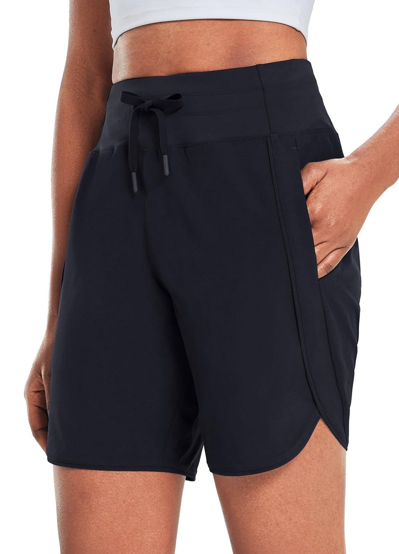 baleaf Women's 7" Long Running Shorts Athletic Workout Gym Quick Dry Hiking Shorts High Waisted Zipper Pocket Black S - Image 1
