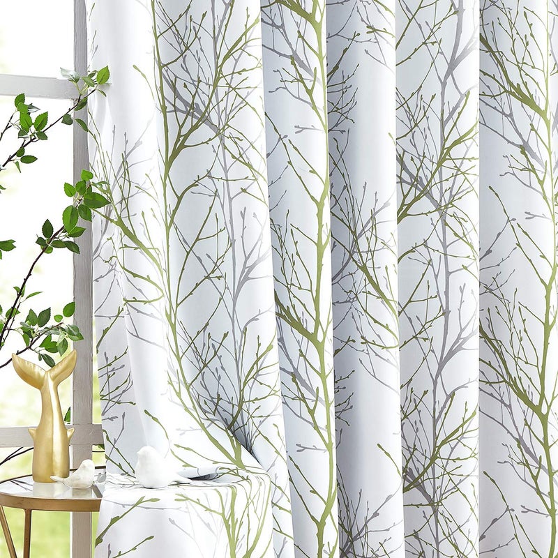 FMFUNCTEX Tree Blackout Curtains with Black Linen for Bedroom 72" White Green Grey Branch Print Window Curtains Forest Design Thermal Insulated Curtain Panels Living Room Nursery Kids Room Dorm 50"w 2pcs - Image 1